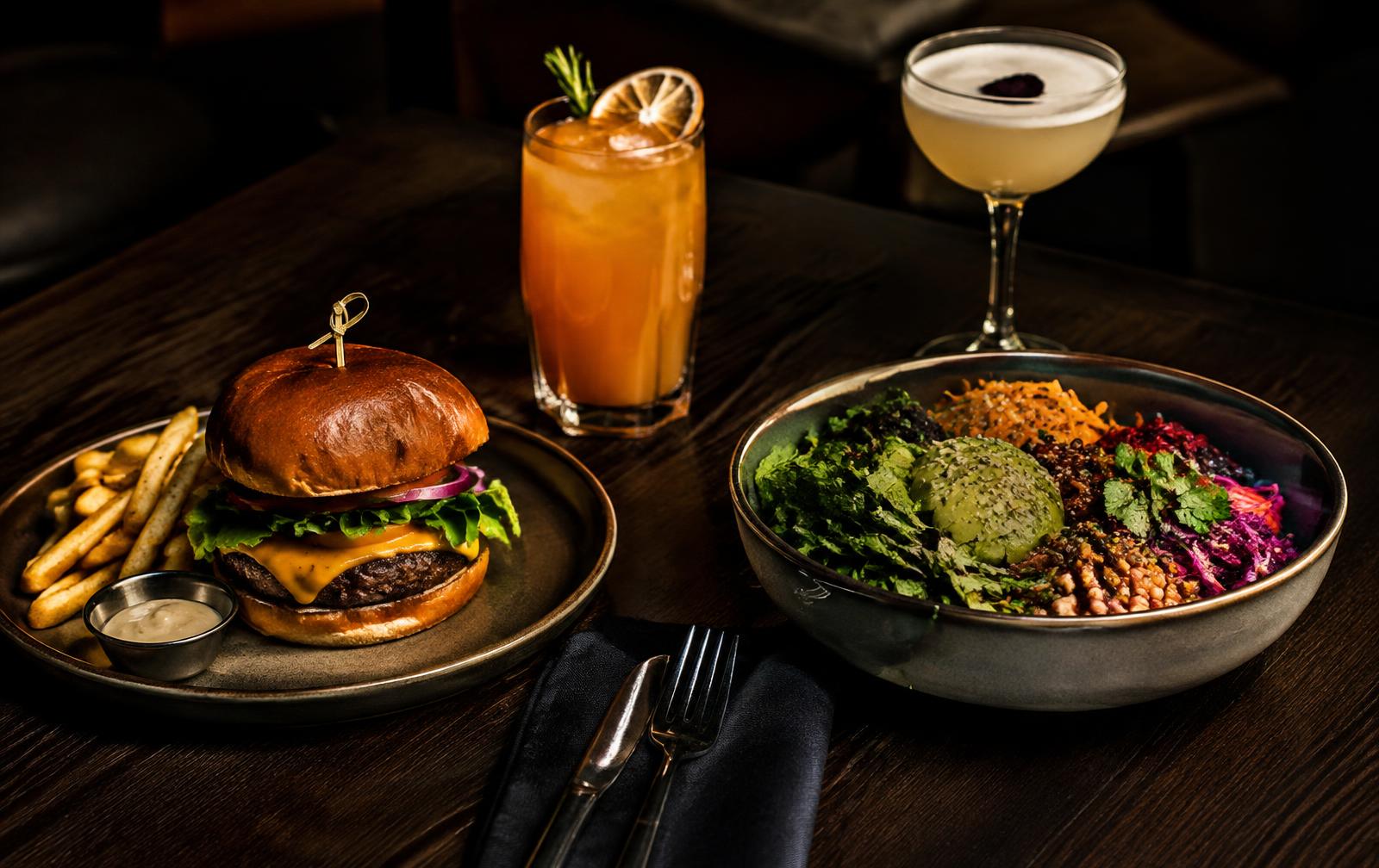 Burger, bowl and drinks