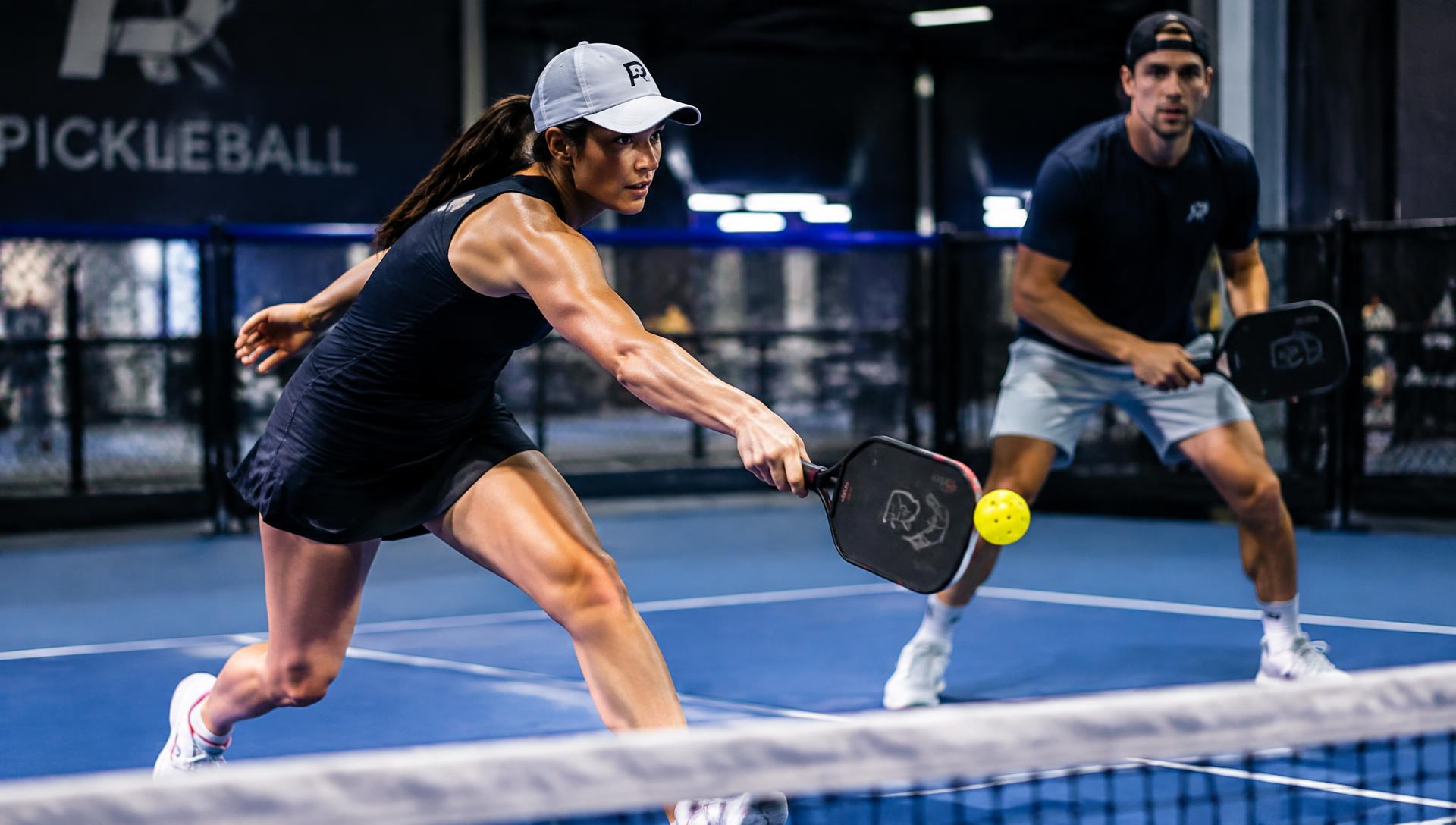 Indoor pickleball doubles rally